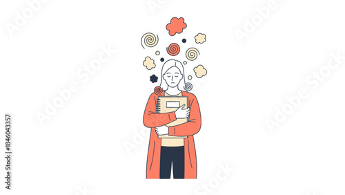 Illustration of a woman with thoughts and ideas floating above her head in a drawing style