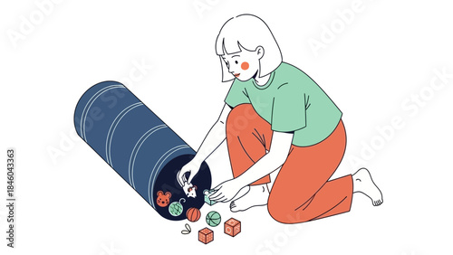 A woman organizing toys from a container representing order and tidiness in a home environment