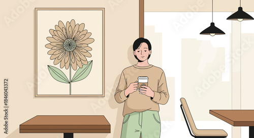 Woman Holding Coffee Cup Standing Indoor.