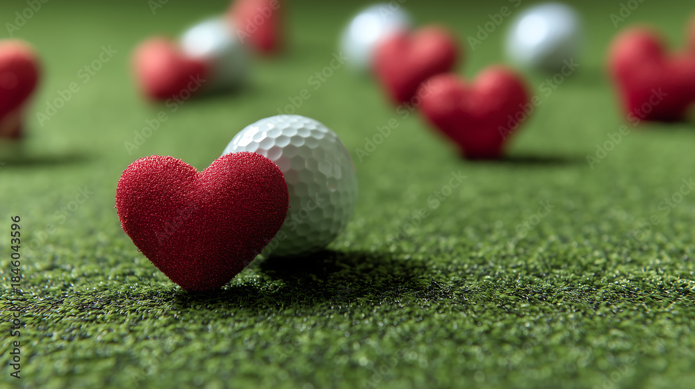 Fototapeta premium Golf Valentine Theme with Hearts on Green and Romantic Sports Concept