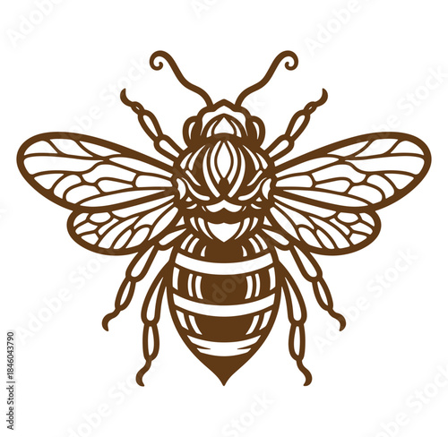 Detailed brown bee illustration with intricate wing and body designs on white background