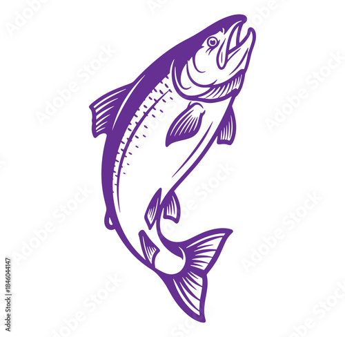 Elegant purple illustration of a jumping fish suitable for fishing or seafood designs