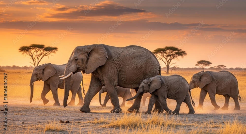 Obraz premium A herd of elephants walking across a savannah at sunset.