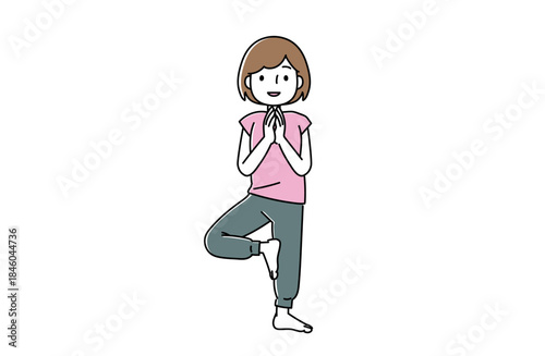 両手を胸の前で合わせて片足立ちする女性のイラスト