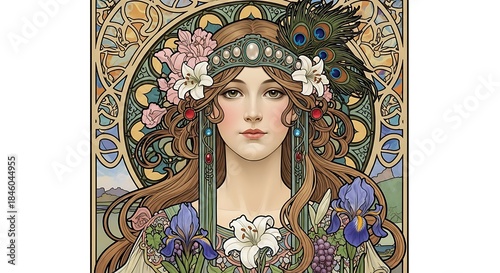 Art Nouveau Woman with Flowers and Peacock Feathers.