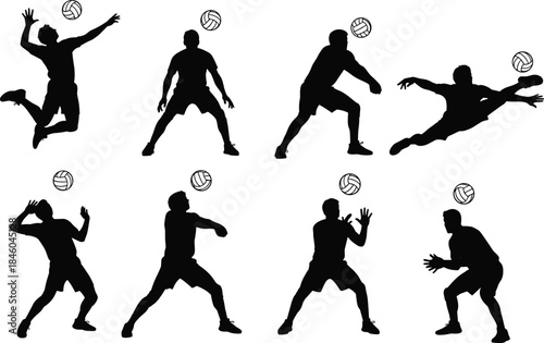 Volleyball player silhouette vector, spike action, jump serve, dig pose, sports icon, black figure, dynamic movement, athlete illustration, game motion