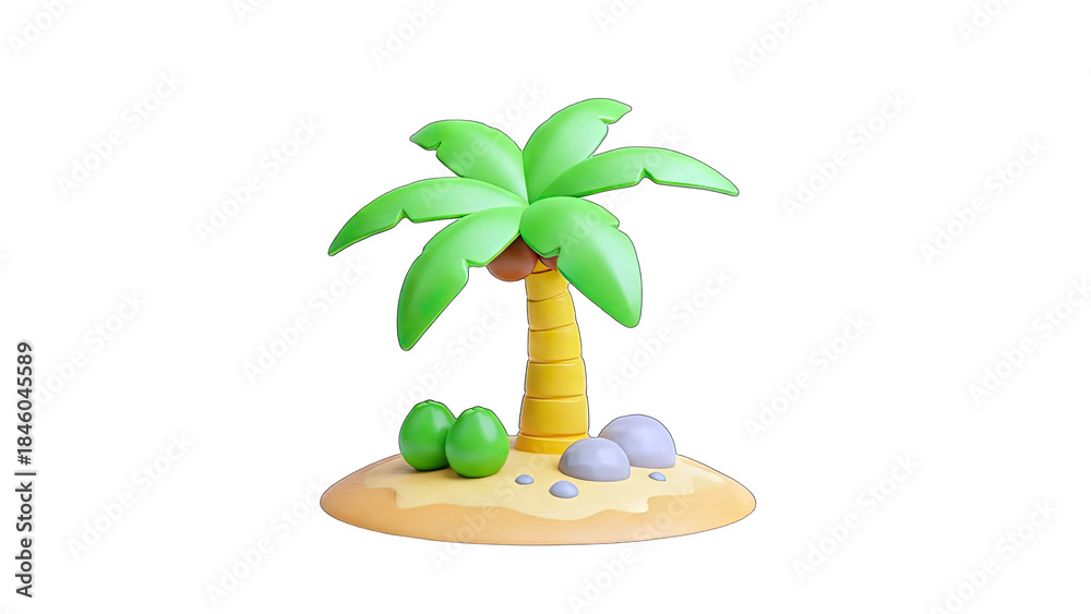 Obraz premium Cartoon Palm Tree on Island with Rocks and Green Fruit