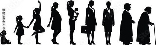Woman's Life Cycle Silhouettes from Baby Girl to Old Age, Depicting Growth, Motherhood, Career, and Aging Process as Stages of Feminine Development, Vector Illustration