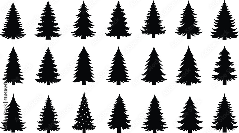 Fototapeta premium 🌲 Collection of Christmas Tree Silhouettes, Conifer Forest Vector Set, Evergreen Pine and Spruce Shapes, Holiday Decoration and Nature Graphic Icons