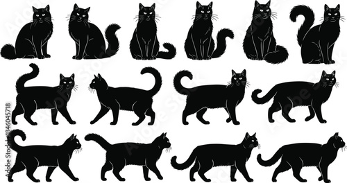 Black cat silhouettes collection featuring sitting walking poses isolated vector icons for pet design branding illustration commercial stock