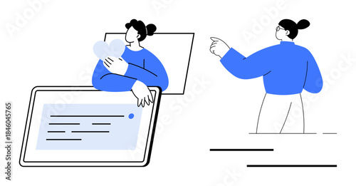 Digital communication, teamwork, online messaging, virtual connection, user interaction, technology. A person hugging a heart on a tablet and another pointing outward. Digital communication