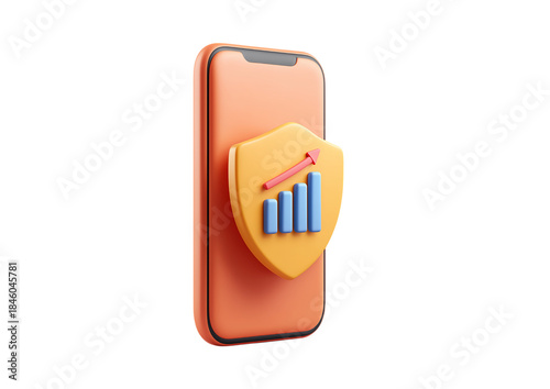 Angled smartphone with 3D shield and bar chart icon Isolated on a transparent background