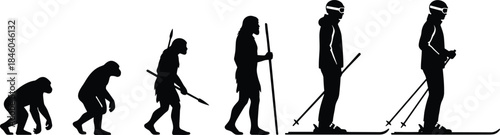 Human evolution silhouettes showing ape to modern skier with tools winter sports lifestyle progression isolated black vector illustration