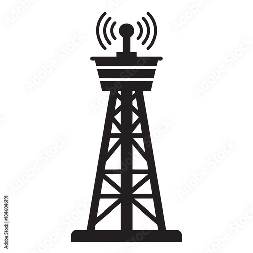 Black silhouette of a control tower or communication antenna transmitting strong radio waves, symbolizing global connectivity, broadcast, and telecommunications technology