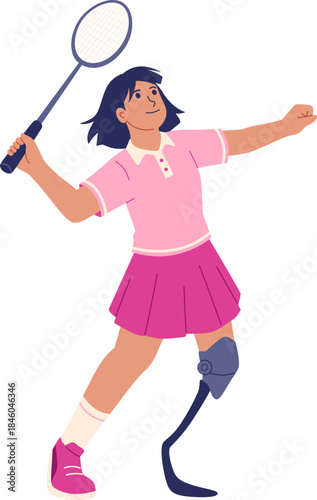 Young Disabled Female Athlete Playing Badminton Illustration