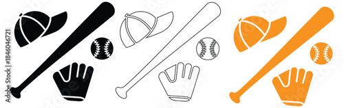 Baseball equipment icons set with bats, gloves and balls,Baseball icon symbol concept for graphic design, Website, UI. EPS