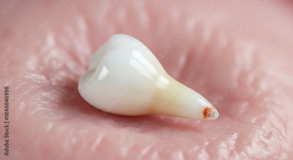 Fototapeta premium A single extracted human tooth with its root on a pink background.