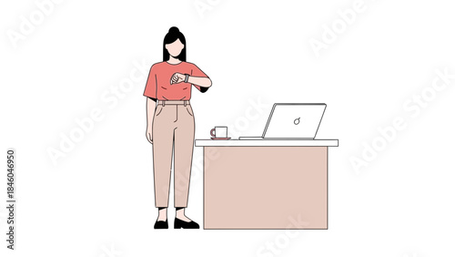 A woman checking the time next to a desk with a laptop and a coffee cup