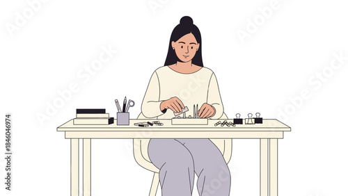 A woman organizing her desk with pens, supplies and working at home or in an office