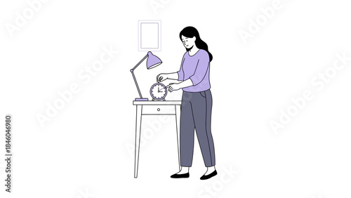 A woman setting the time on an alarm clock in a bedroom illustration