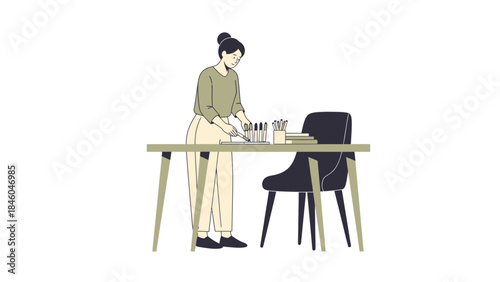 A woman working at a desk with pens, books and a chair, in a minimalist style