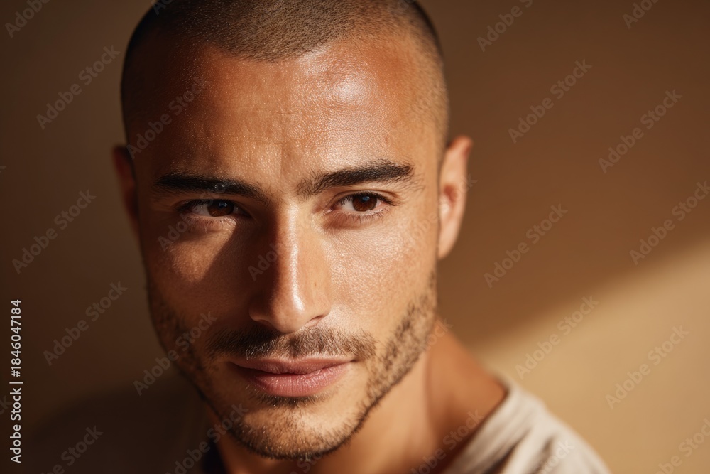 Obraz premium Middle Eastern Man with Healthy Radiant Skin on Warm Gold Background 