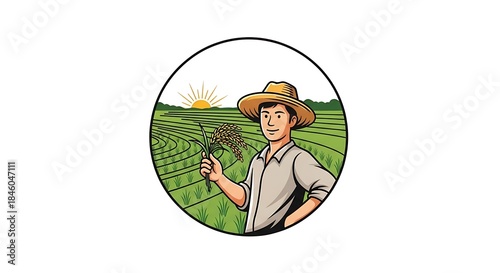 Farmer in Field Logo Design with Sun and Crops.
