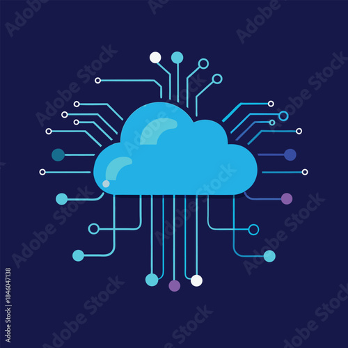 Blue cloud with circuit board connections on dark blue background cloud computing technology