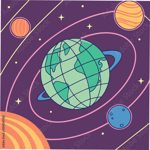 Cartoon planets and stars in a purple cosmic background space galaxy