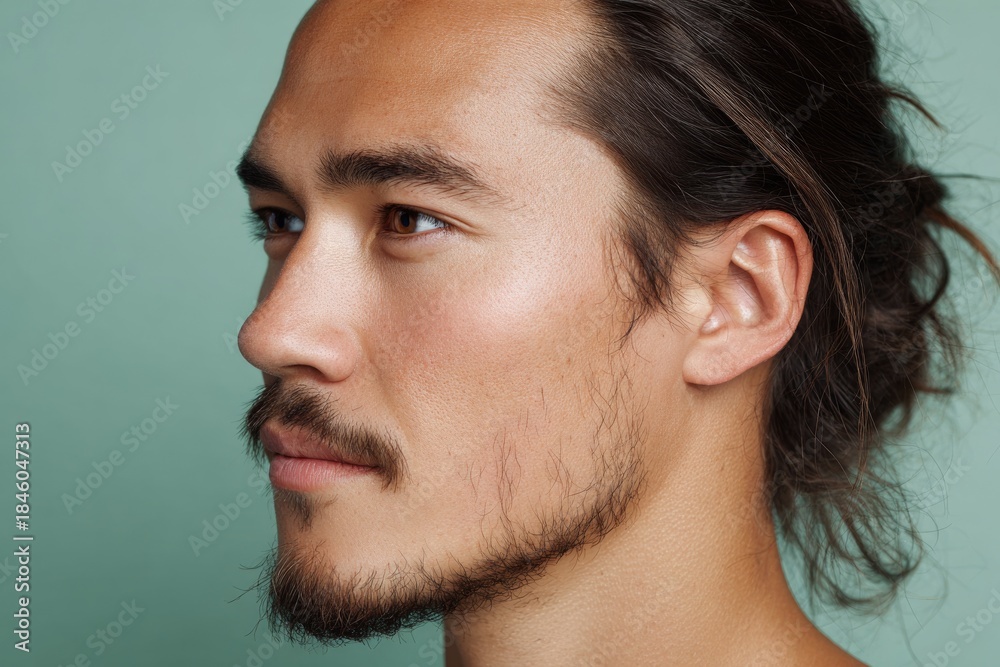 Fototapeta premium Side Portrait of Native American Man with Glowing Skin and Calm Expression 