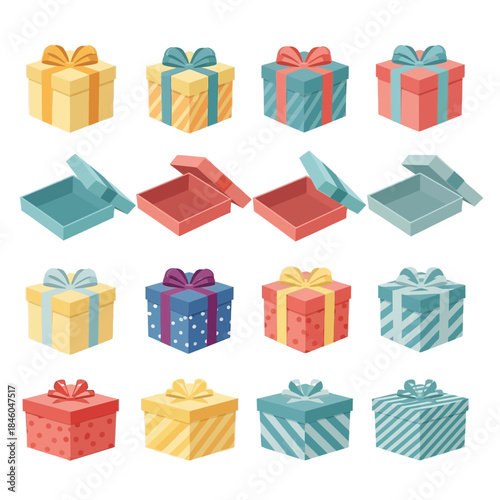 Set of festive vector present boxes, open and closed, ideal for holiday and celebration designs
