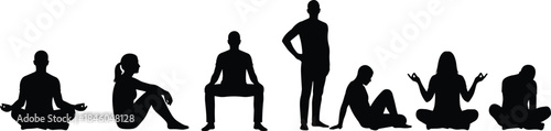 People meditation and sitting silhouettes collection showing relaxed poses isolated black vector icons for mindfulness yoga lifestyle illustration stock
