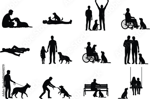 People with dogs silhouettes collection showing walking training companionship disability support isolated black vector icons for lifestyle illustration stock