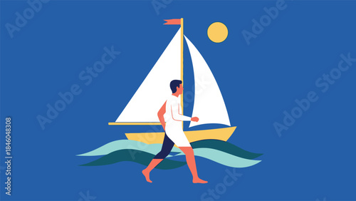 A man running on the water with a sailboat in the background on a sunny day