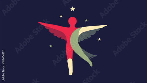 Minimalist illustration of a person with wings soaring among stars in a night sky