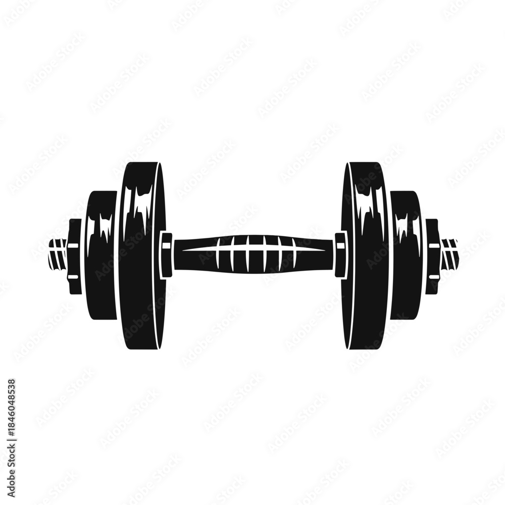 Fototapeta premium Black vector dumbbell silhouette for gym workout strength training on transparent background