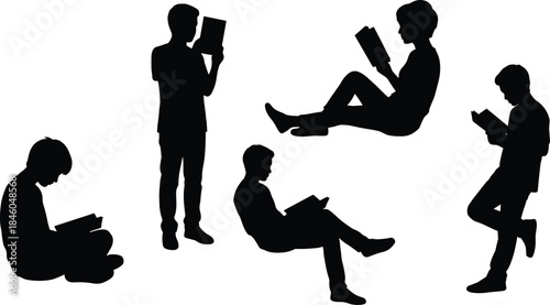 People reading books silhouette illustration, men and women in different reading poses, black and white education knowledge concept design