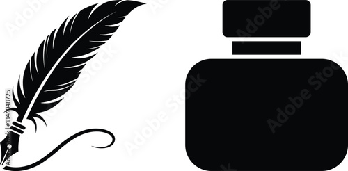 Quill pen and ink bottle silhouette illustration, vintage writing tool symbol, classic literature calligraphy concept, black icon design