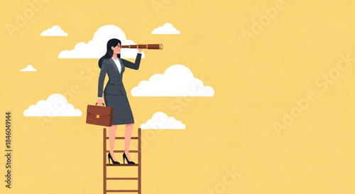 Businesswoman using telescope on ladder for future planning in minimalist office environment, side view, professional concept
