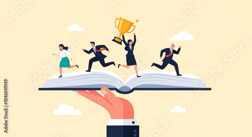 Business Success Celebration with Team Holding Trophy on Open Book Illustration, Creative Concept, Isolated White Background