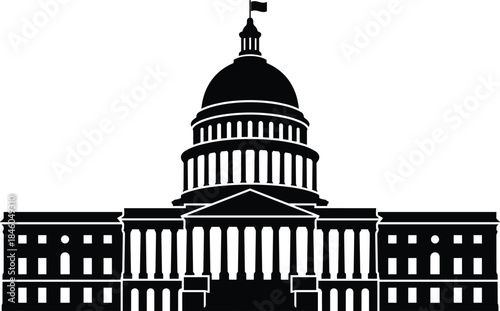 United States Capitol building silhouette illustration, black and white government architecture icon isolated on white background for political democracy concept