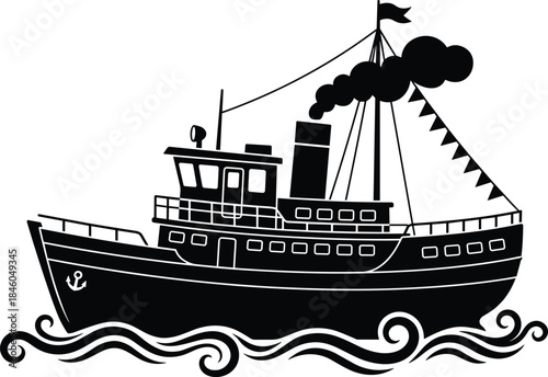Vintage fishing or steam boat silhouette illustration sailing on waves, black and white maritime transport icon for nautical industry concept