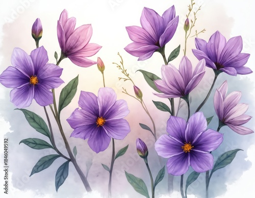 Purple and pink flowers bloom softly with green leaves on stems. Watercolor painting style creates gentle, airy feel. Ideal for nature, beauty, or floral themed designs and invitations.