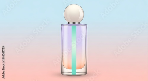 Elegant glass perfume bottle with a pearl cap on a pastel gradient background.