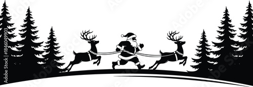 Festive Christmas Silhouette Vector Depicting Santa Claus Hurrying with Reindeer Through a Detailed Winter Pine Forest Landscape, Holiday Season Graphic Design Element, Black and White