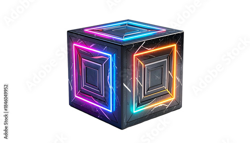 Metallic cube with nested square patterns illuminated by vibrant neon borders