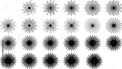 Abstract sunburst radial line shapes collection, geometric starburst icons set, vintage modern decorative design elements isolated vector illustration