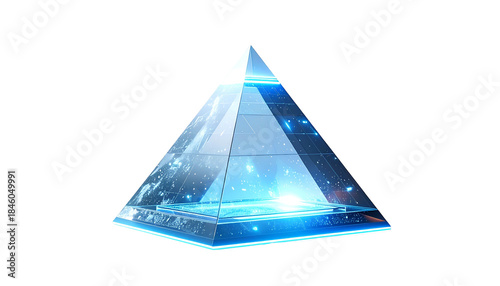 A futuristic pyramid with celestial interiors and glowing platforms against black
