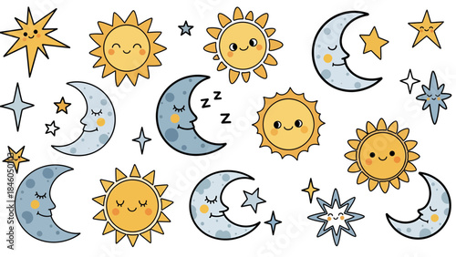 Creative Illustration of Happy Sun and Moon Characters with Stars, Whimsical Art for Kids, Playful Design, Bright Colors
