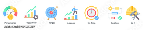 Productivity and performance web banner icon vector illustration for operational improvement with performance, productivity, iteration, increase, on-time work, and target icons.